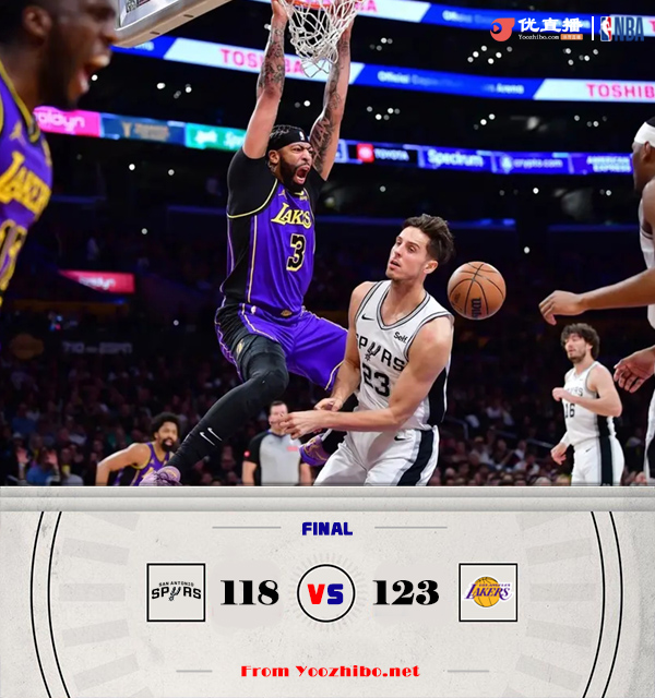 <a href=/basketball/lakers/ target=_blank class=infotextkey>湖人</a>123-118力克<a href=/basketball/spurs/ target=_blank class=infotextkey>马刺</a> 詹姆斯30+7+9 浓眉三节28+13 文班27+10+8+5+5